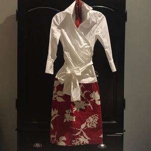 Red and white skirt and shirt outfit